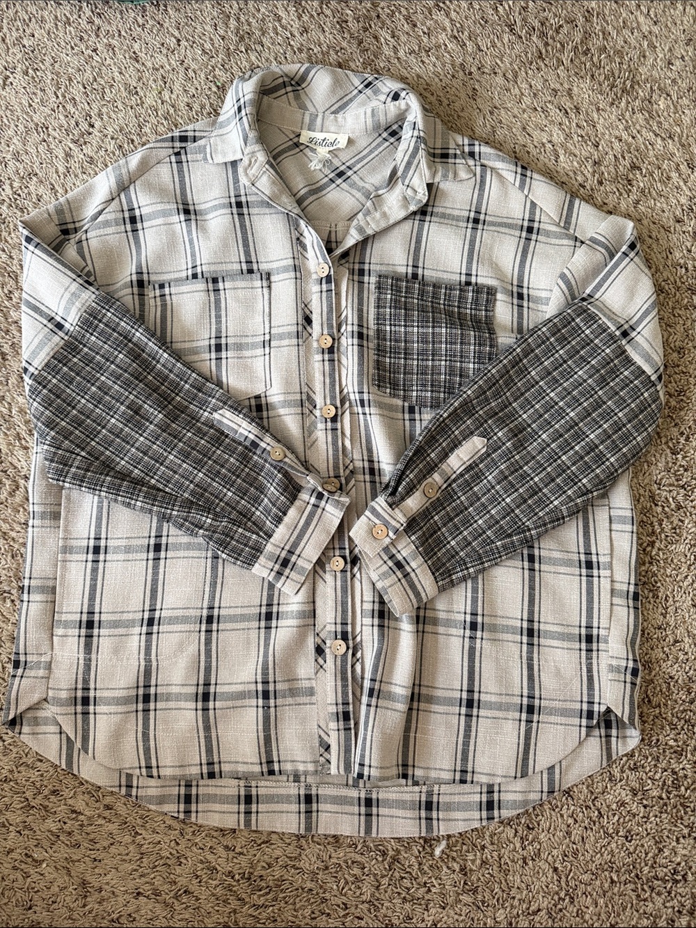 Listicle Cream and Black Plaid Mixed-Panel oversized Button-Down Shirt